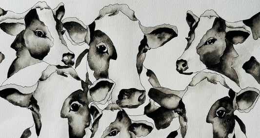 Black and white abstract art of cows with a geometric pattern.