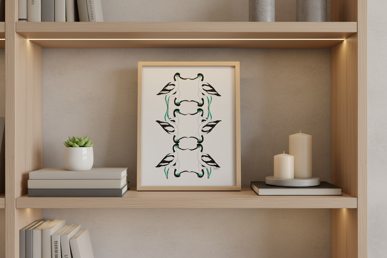 Avocets painting on bookshelf