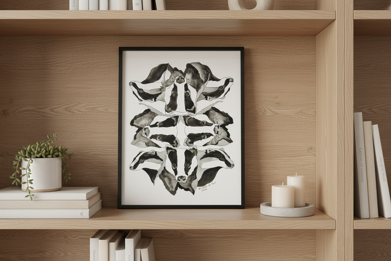 Badgers painting on bookshelf