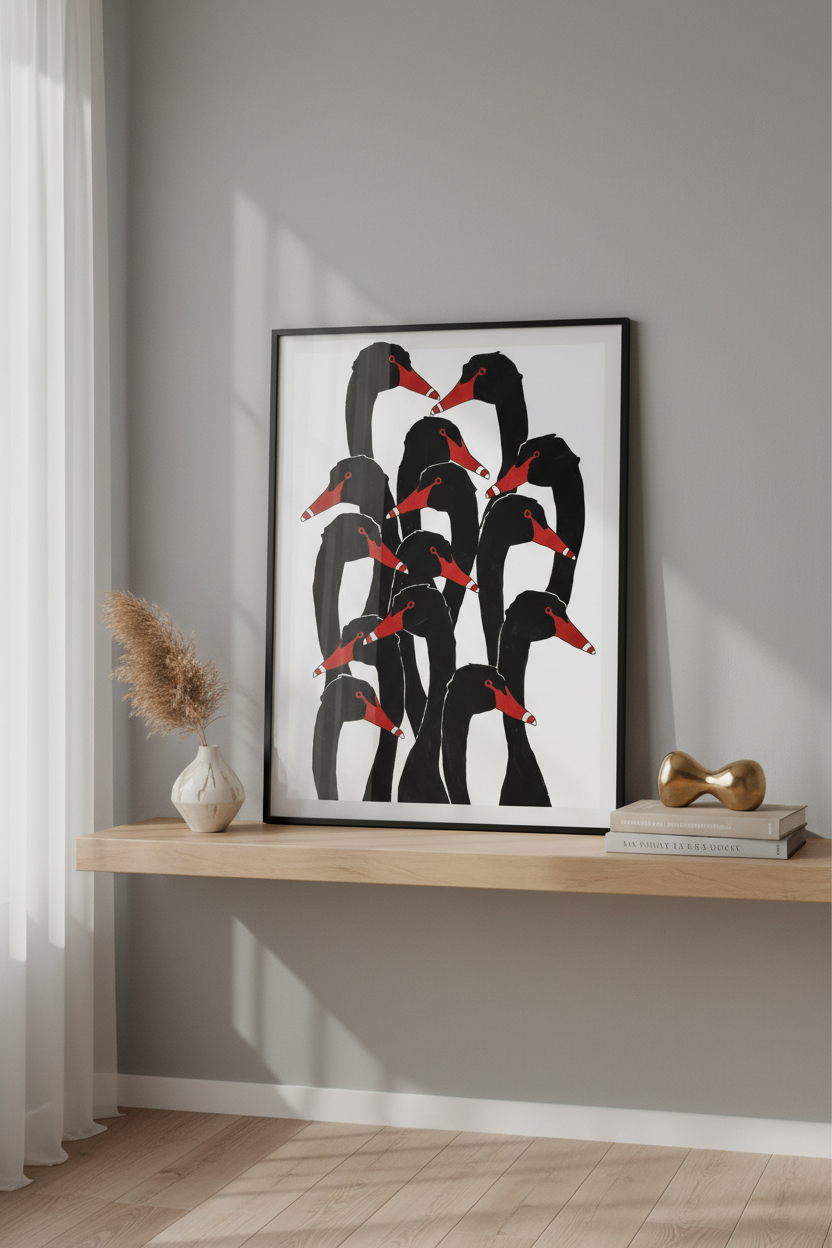 Black Swans on shelf